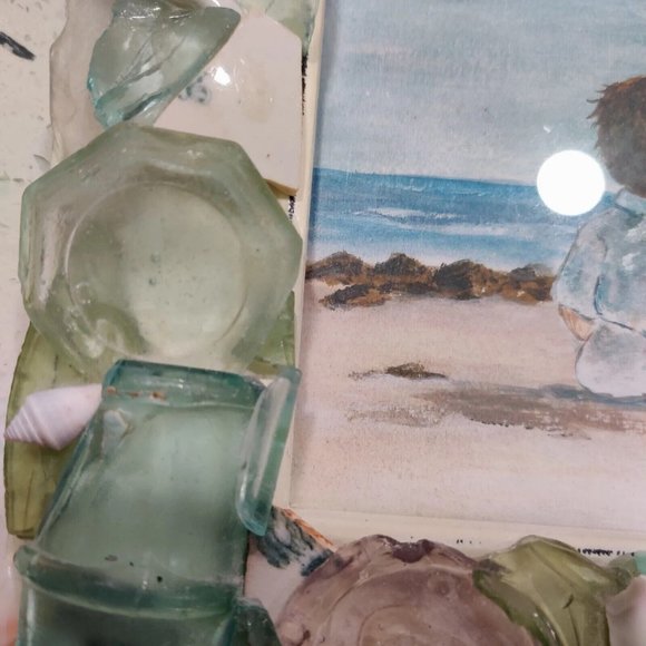 Handmade Shells & Sea Glass Framed Art Decor & Drawing Beach Dating Theme Signed - Picture 4 of 15